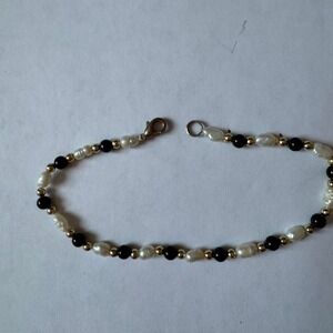 Handmade Pearl Black Onyx Gold Tone Bead Ankle Bracelet